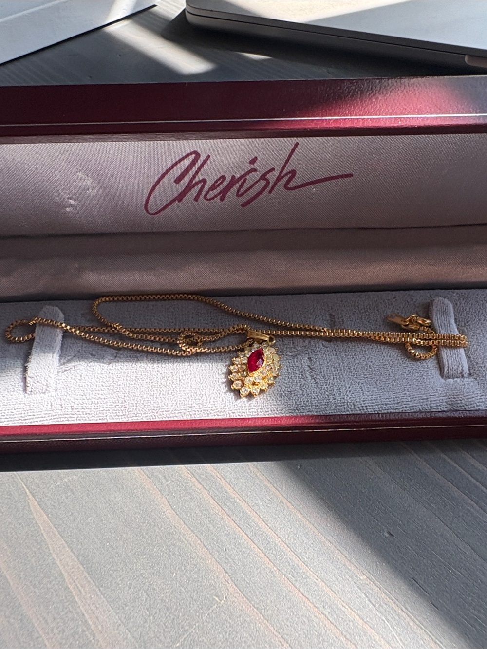 Cherish Gold-Tone Necklace with Ruby-Red Marquise Pendant